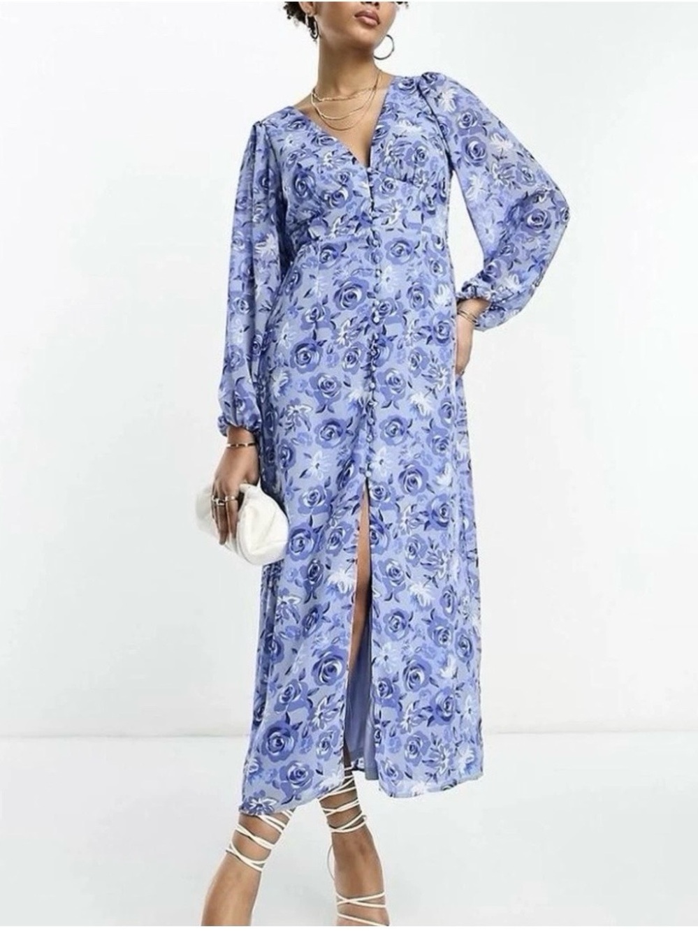 VILA Lavender Blue Floral V-Neck Maxi Dress EU 36 Long Sleeve Dress